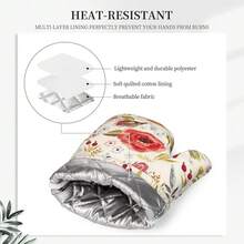 Wildflowers Floral Oven Mitts Pot Holders Set Silicone Heat Resistant Botanical Floral Oven Mitts And Hot Pads Potholders Non-Slip Oven Gloves For CooFKing BaFKing Grilling BBQ,RedGreenBeige - 紅綠米色 - 查看 5
