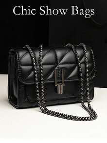 优雅女士单肩包，配链条肩带，绗缝PU皮革斜挎包，奢华简约腋下斜挎包，拉链封口，格子图案，可机洗 - 涤纶衬里，复古风格 - 黑色 - 查看 1