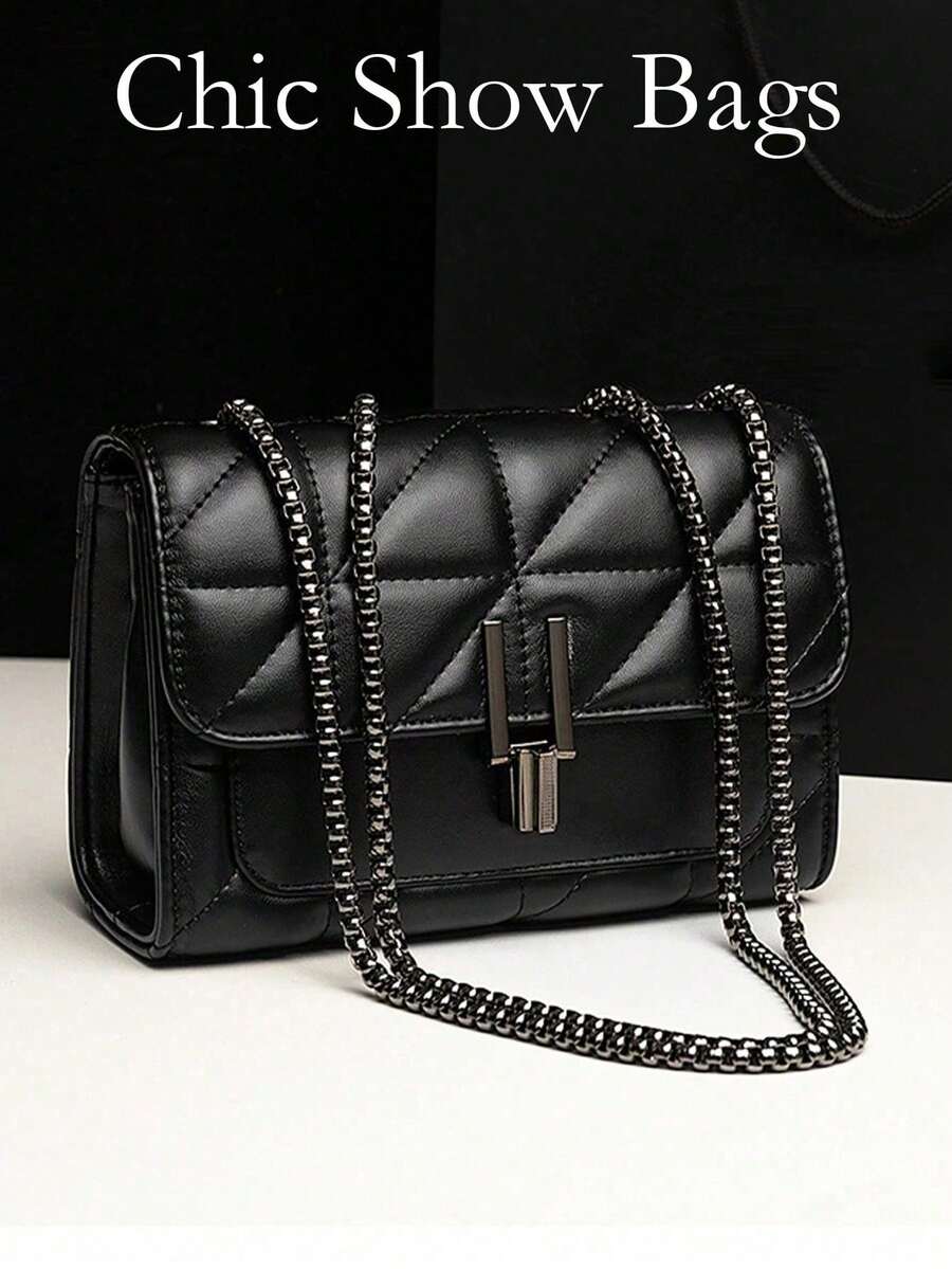 优雅女士单肩包，配链条肩带，绗缝PU皮革斜挎包，奢华简约腋下斜挎包，拉链封口，格子图案，可机洗 - 涤纶衬里，复古风格 - 黑色 - 查看 1