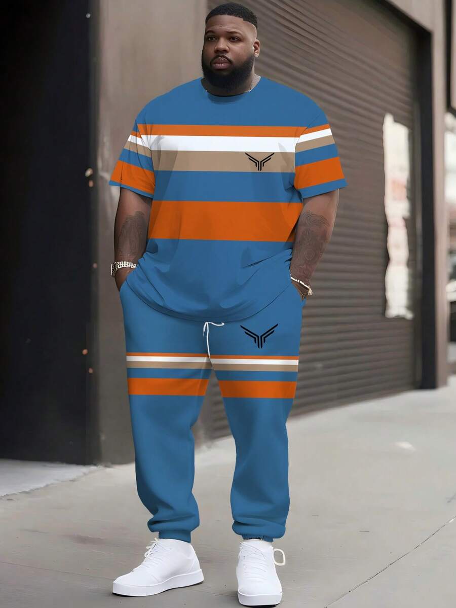 Plus Size Men's Exclusive Blue & Orange Contrast Striped Logo Short Sleeve & Drawstring Pants Set, Loose Fit Slimming Energetic 2-Piece Outfit, Round Neck Tee With Casual Long Pants - 彩色 - 查看 1
