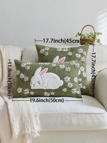 1pc Easter Green Rabbit Embroidered Throw Pillow Cover, Spring Floral Cushion Cover, Suitable For Indoor Decor, Spring/Summer Pillow Sham, Pillow Insert Not Included - Green - View 4