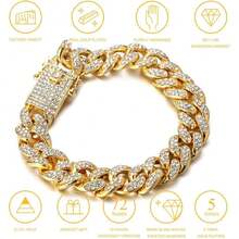 Halukakah - Men's 13mm Miami Style Gold Cuban Link Chain, 18K  Plated/Platinum White Gold Finish, Full Set Of Diamond Cut Prongs, 38174494 - 薄荷綠 - 查看 5