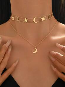 1pc Vintage Middle Eastern Crescent Moon & Star Pendant Necklace, Minimalist Double Layer Choker Necklace, Holiday Gift Jewelry - Yellow Gold - View 5