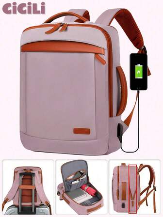 Khaki Oxford Cloth Casual Multifunctional Backpack, Unisex, No Print, Non-Washable, Dual Shoulder Straps, Large Capacity, Essential For Travel And Outdoor Activities, Holiday Vacation Travel Bag, Luggage Travel Bag, Women's Travel Bag