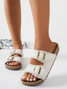 夏季新款舒适平底防滑沙滩凉鞋，休闲金属扣时尚百搭露趾厚底拖鞋