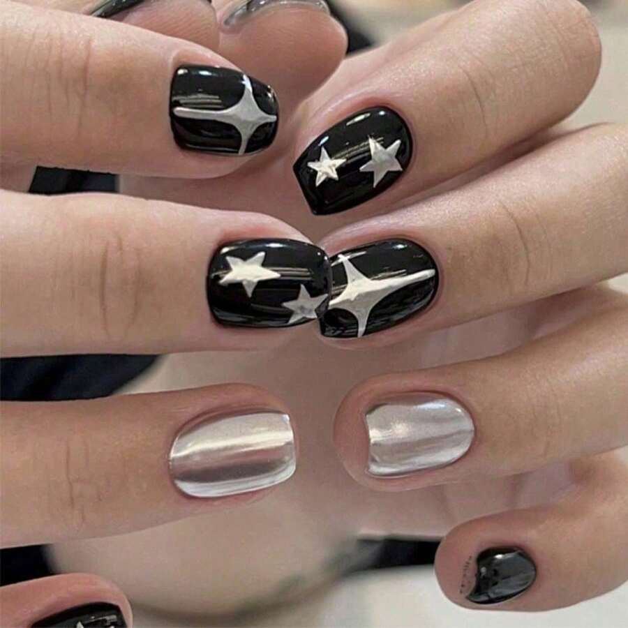 Exquisite, Fashionable And Cool New Products Wear Nail Short Silver Stars Sweet And Cool Style Nail Patch Finished 24 Pieces Nail Art - Mermaid Magic - Xem 1