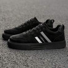 2026新款男鞋，黑色绒面革拼接低帮运动鞋，银白条纹休闲鞋，厚底增高日常百搭鞋履 - 黑色 - 查看 7