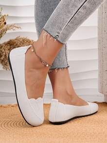 女士白色蕾丝针织套脚鞋，圆头休闲乐福鞋，软底通勤鞋，适合春季穿着 - 白色 - 查看 4