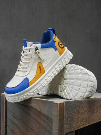 Men's Casual Sneakers, Fashion New Colorblock Design, Versatile Low-Top Lace-Up Shoes, Comfortable Padded Lining, Thick Non-Slip Sole, Suitable For Campus, Students, Leather Patchwork Athletic Shoes