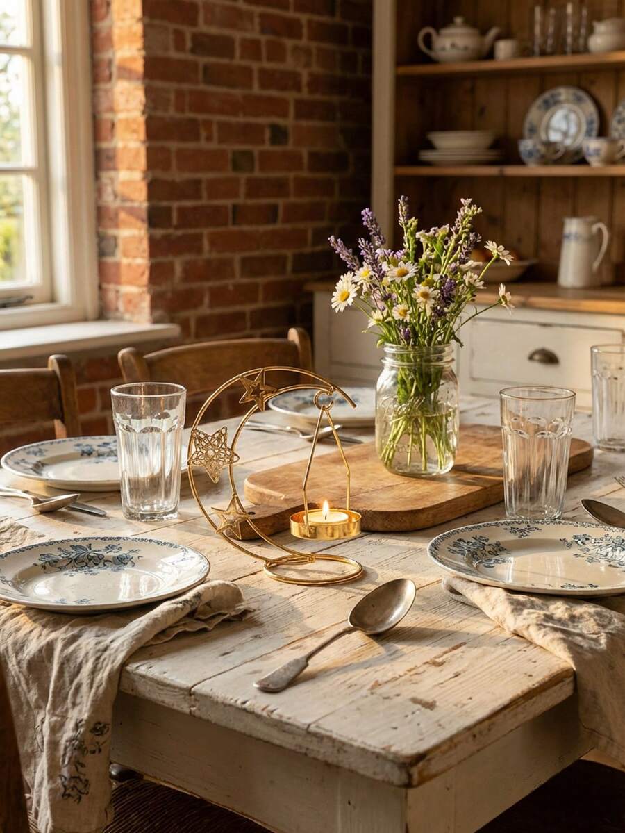 1 chiếc chân nến Rama bằng sắt rèn, trang trí sơn, dùng làm vật trang trí trung tâm bàn ăn, trang trí nhà cửa, phù hợp cho trang trí tiệc Rama, trang trí đám cưới, hình ngôi sao, mặt trăng, đèn lồng.