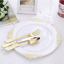 50/25/12pcs Gold Plastic Dinnerware Set, 10.25" Dinner Plates/7.5" Dessert Plates, White Base With Gold Embossed Dragon Pattern Plates, Reusable Party Plates, Fruit/Cake Trays, Chargers, Space-Saving Stackable, Ideal For Weddings, Parties, Birthday Gatherings, Outdoor Garden Parties, Christmas, Thanksgiving Dinners - Gold - View 4