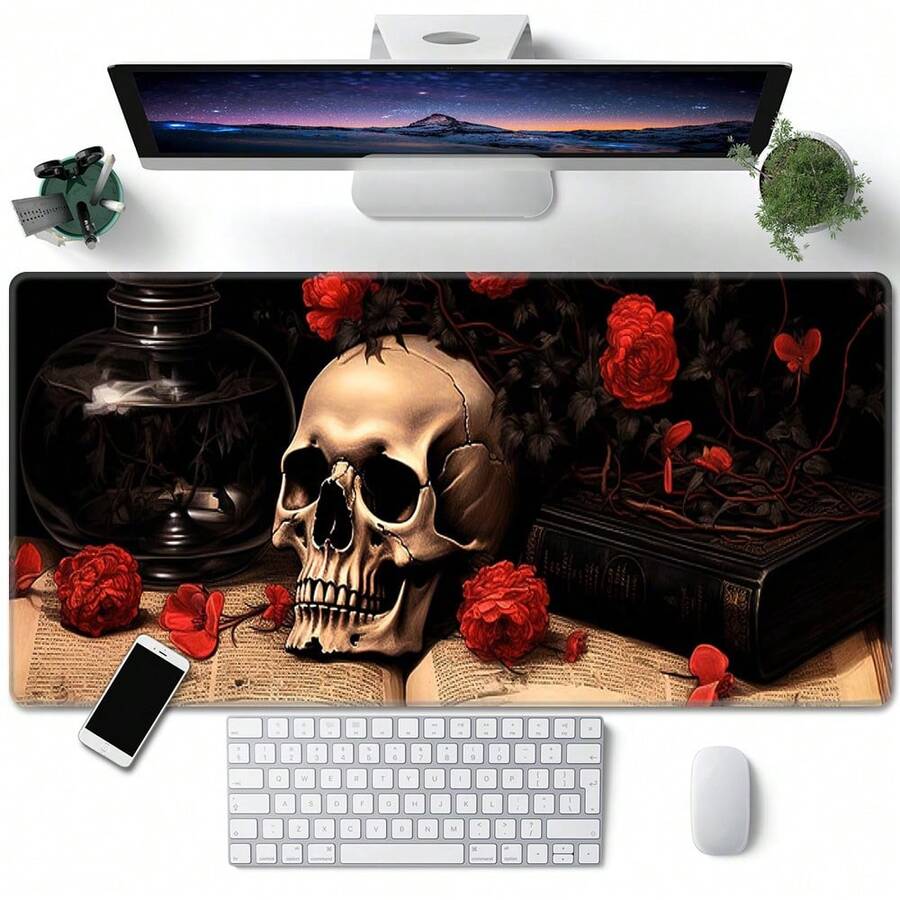 1 pieza Alfombrilla de ratón para juegos profesionales con diseño de calavera y rosa, almohadilla absorbente para portátil, alfombrilla de ratón para juegos de computadora, con borde cosido resistente al desgaste, superficie texturizada de microfibra, base antideslizante, adecuada para juegos, oficina, hogar, profesionales de eSports y jugadores, regalo perfecto para el Día de San Valentín - Multicolor - Ver 1