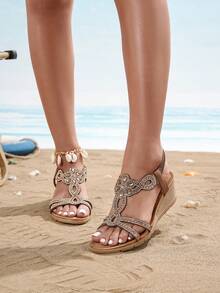 Women's Rhinestone Embellished Wedge Heel Open Toe Sandals, Summer - Camel - View 5