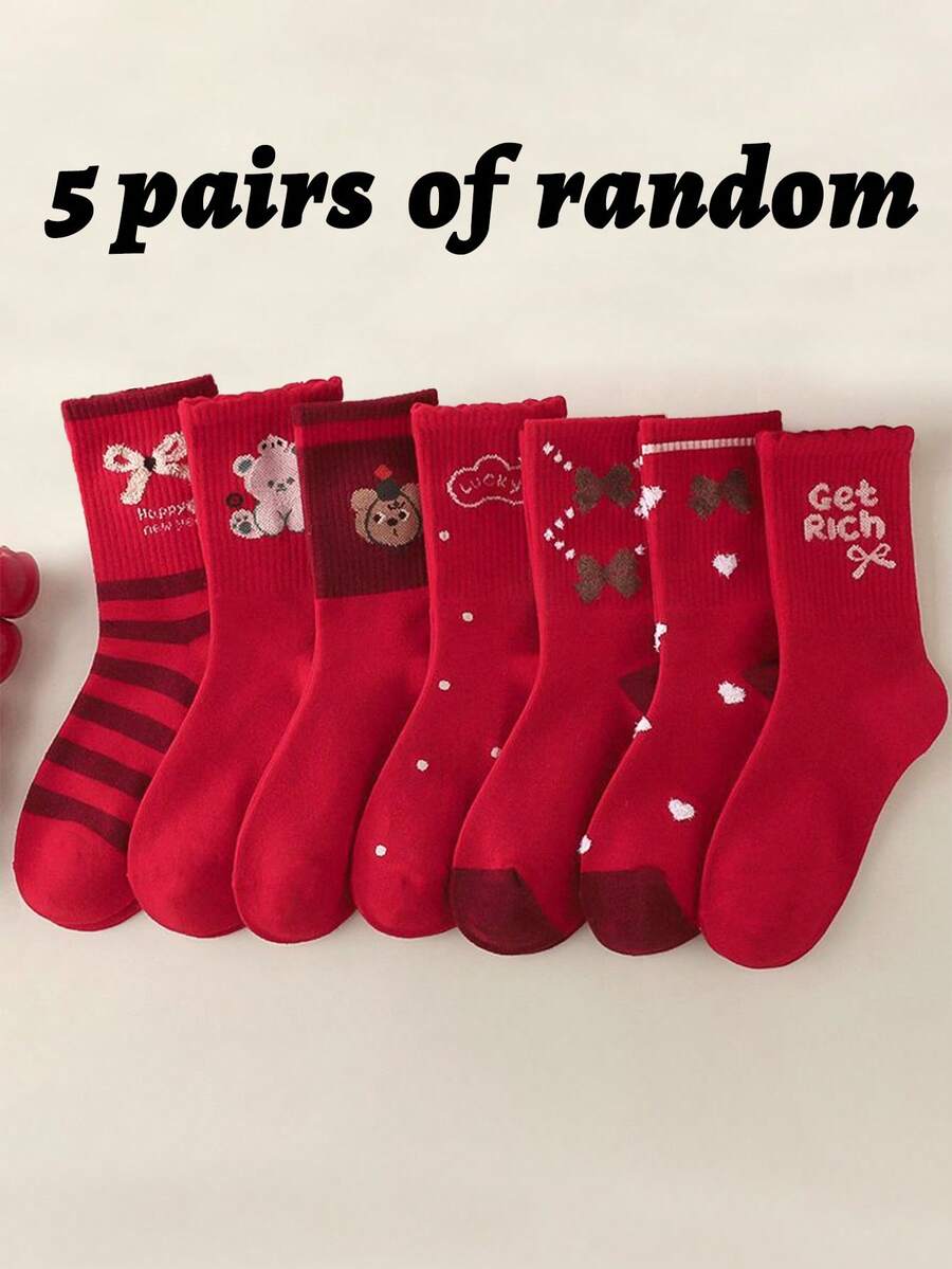 5 Pairs Random Styles Kids Socks With Bow & Bear Patterns, For Girls, Spring/Autumn/Winter, Red Socks, New Year Socks, Fits Ages 2-16 - 彩色 - 查看 1