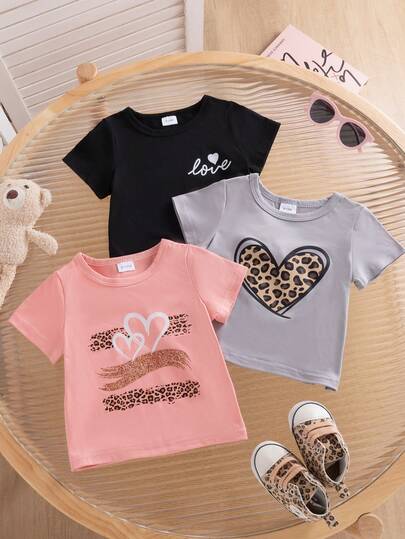 3pcs Baby Girls' Casual Minimalist Pink, Gray, Black Short Sleeve Round Neck T-Shirts With Printed Decor, Suitable For School And Street Wear In Summer