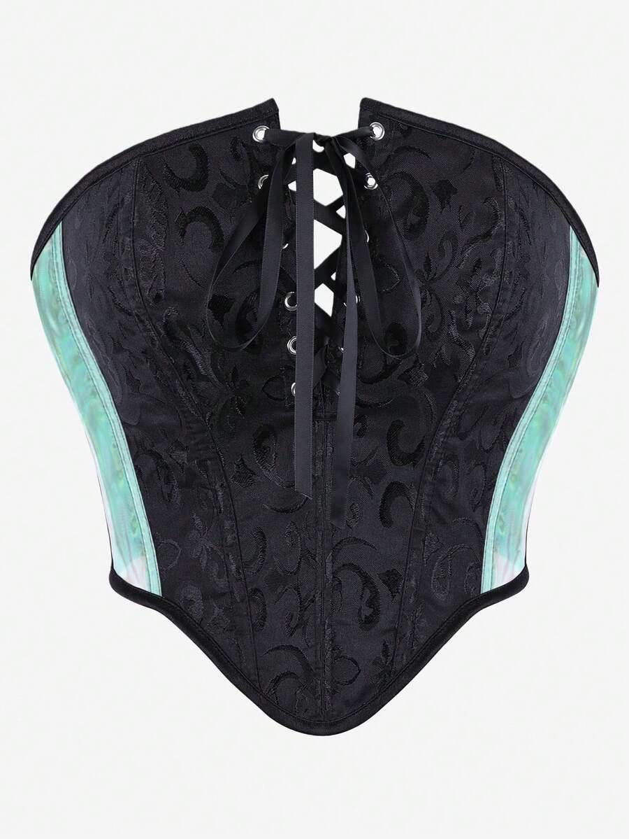 Corset Top Bustier Jacquard Bandeau Crop Top, Strapless Front Criss-Cross Lace-Up Side Color Block Mesh Shapewear Waist Cincher Overbust Corset - Black - View 1