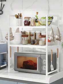 1pc Microwave Oven Rack, 1/2 Tier Microwave Oven Rack, Countertop Kitchen Organizer, Utensil & Tableware Storage Rack, Microwave Oven Rack With 4/8 Hooks - Multicolor - View 3