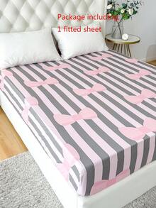 1件情人节爱心条纹蝴蝶结床裙，35厘米深口袋，粉色爱心条纹印花，100%轻盈涤纶床裙，浪漫爱心主题透气床上用品，卧室情人节装饰床裙，成人及少女适用 - 彩色 - 查看 6