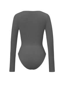 Vaiaye 女士性感 Y2K 修身针织黑色连体衣，V 领长袖春夏连体衣，优雅 - 灰色 - 查看 4