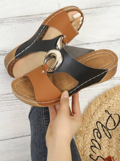 Dép nữ đế dày, khóa tròn, kiểu dáng đế xuồng, màu trơn, thanh lịch, thoải mái, thích hợp cho thể thao, kỳ nghỉ, thời trang, thường ngày, gợi cảm, đế xuồng, đế dày, đi biển, ngoài trời, mùa hè.