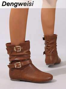 Brown Striped Buckle Pleated Mid-Calf Boots, Side Zipper, Flat Round Toe, Comfortable, Versatile, Suitable For Commute, Daily Wear, Vacation, All Season, Fashion Women's Boots,Cowgirl Boots - Brown - View 8