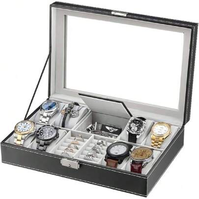 Caja Organizadora de Relojes para Hombre, Estuche Organizador y Exhibidor De Joyas, Relojes,Alhajas y Lentes,de Cuero PU con Terciopelo y Tapa de Acrílico,Almohadillas de Tela Suave, Regalo Cumpleaños,38185999
