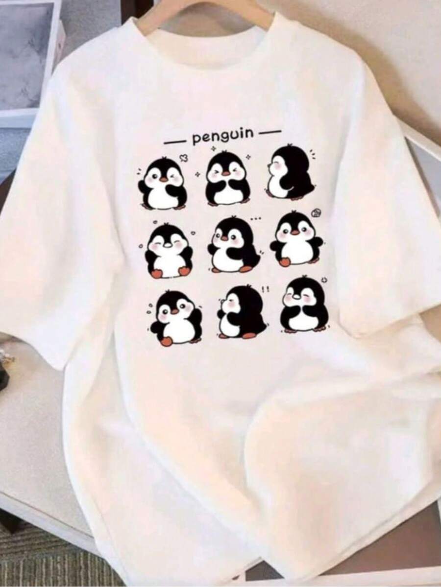 Cute And Comfortable Women's Penguin Shirt, Basic Casual T-Shirt, Extremely Comfortable, Beautiful And Delicate Blouse, Women's Fashion, Soft And Lightweight Cotton Blouse, Round Neck - White - View 1