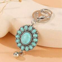 1pc Silver-Tone Turquoise Boho Style Keychain, Round Gemstone Key Chain Holder & Organizer, 2026 Valentine's Day Gift (Daily Keys/Bag Accessory) - Blue - View 2