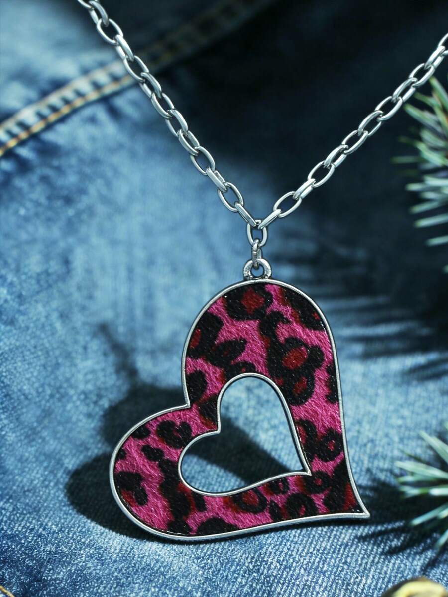 1 chiếc dây chuyền mặt dây chuyền hình trái tim rỗng in họa tiết da báo cổ điển, dây đeo áo len dành cho nữ, bộ sưu tập Ngày Valentine. - vòng cổ - Xem 1