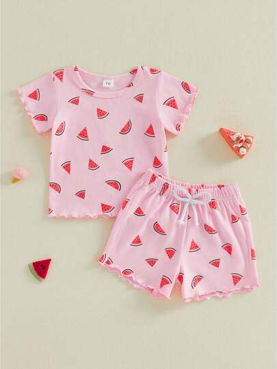 Toddler Baby Girl Summer Outfit Watermelon Print Short Sleeve Lettuce Trim Tops And Shorts 2 Piece Set