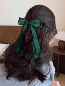 2 件装女士发夹，深绿色流苏蝴蝶结发夹，长尾，纯色缎面涤纶鳄鱼夹，时尚发饰，发卡，头饰 - 墨綠色 - 查看 2