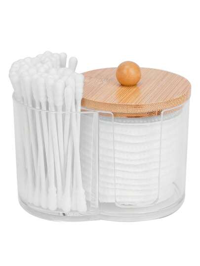 这款二合一透明棉签和化妆垫收纳盒采用双层设计，配有天然木质盖子，提供节省空间且实用的收纳方案。