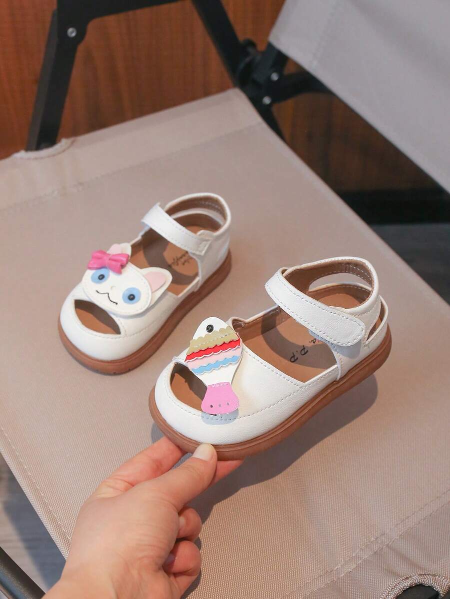 Toddler Girls Summer Sandals Soft Leather Non-Slip Cat Cartoon Closed Toe Cap Anti-Kick Beach Outdoor Shoes