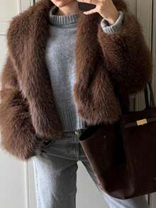DEEKA 秋冬新款加厚仿狐狸毛领夹克，时尚合成皮草大衣，年轻有型 - 棗褐色 - 查看 4