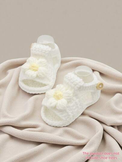 1 Pair Infant Sandals, White Crochet Knit, Flower Decoration, Slip-On Style With Soft Sole