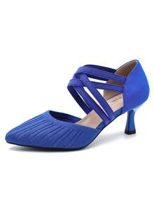 MAIERNISI JESSI Women's Low Kitten Heels Knit Pumps Elastic Crisscross Ankle Strap Slip On Dress Shoes - Royal Blue - View 14