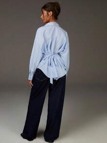 Blue & White Striped Tie Back Waist Shirt For Women, Loose Turndown Collar Long Sleeve Blouse With Design Details Spring - Light Blue - View 5