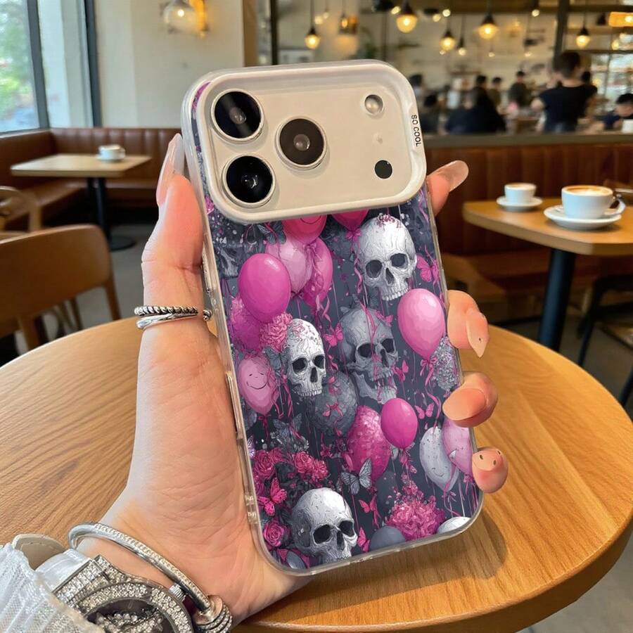 Funda de Teléfono Diseño de Calaveras Rosadas y Grises con Globos y Flores para iPhone 14 15 Pro Max y Galaxy S23 S24 Plus Adecuada para Todas las Estaciones Opción de Regalo Ideal - Negro - Ver 1