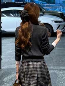 [Y6Y] Grey Elegant Cable Knit Button Cardigan, Women's Spring Daily Wear, Long Sleeve Round Neck Slim Fit - Dark Grey - View 2