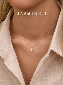 1 pieza Collar con colgante de cruz de plata de ley S925 con diamantes completos, chapado en oro, hipoalergénico, diseño de cruz minimalista y elegante, adecuado para uso diario, regalo perfecto para ella - Multicolor - Ver 7