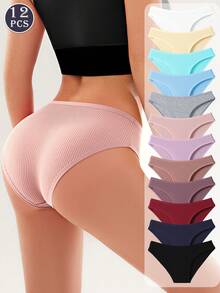 12 Packs Of Solid Color Simple Ribbed Underwear Women, Soft, Stretchy And Breathable  Knitted Panties, Available In A Variety Of Colors And Sizes From S To XXL Underwear For Women, Suitable For Comfortable And Casual Wear Cotton Panties - Nhiều màu - Xem 4