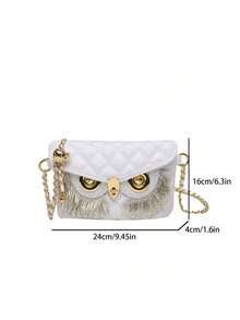 Stylish Leather Chain Shoulder Bag With Faux Diamond And Pearl Tassel Embellishments, Quilted Flap Crossbody Square Bag, Featuring Personalized Dinner Bag-Style Metal Hardware With An Owl Pattern. - White - View 3