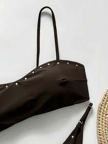 两件套纯色撞色休闲可爱优雅性感系带珍珠球比基尼泳衣，沙滩度假装，春夏假期 - 咖啡棕 - 查看 5