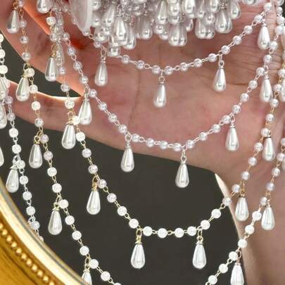 1m Fashion Charming Water Drop Faux Pearl Tassel Chain, DIY Chain Water Drop Bead Tassel Chain, Suitable For DIY Jewelry, Bracelets, Pendants, Anklets, Necklaces, Clothing Accessories, Ideal For Making Holiday Gifts, Valentine's Day Gifts, Captivating Jewelry And Craft Materials