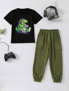 两件套幼儿男童夏季卡通恐龙印花短袖上衣和工装裤休闲装 - 軍綠色 - 查看 7