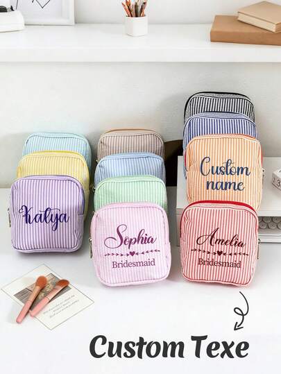 Bolsa de cosméticos cuadrada a rayas personalizada, bolsa de maquillaje bordada para mujer, regalo de Navidad, regalo de dama de honor, favor de dama de honor, bolsa de maquillaje, regalo de despedida de soltera para mujer, billetera, billetera mini, billetera pequeña, esencial de viaje, portabadges, portador de tarjeta de identificación, portador de identificación
