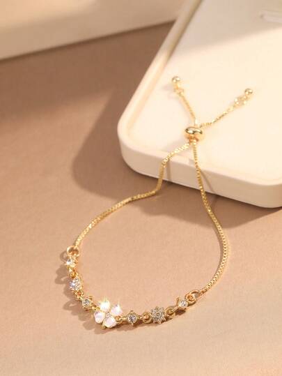 1pc Rhinestone & Cat's Eye & Flower Petal Design Delicate Pull Chain Bracelet Valentines,Mom,Mother,Mother's Day,Gift