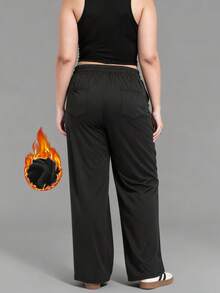 Winter Plus Size Women's Thermal Lined Casual Sweatpants, Drawstring Waist, Wide Leg, Outdoor Running Workout Pants With Multiple Pockets, Suitable For -5°C, Autumn/Winter - Black - View 4