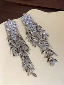 1对时尚立方氧化锆小麦耳夹及叶子流苏耳环，几何夹式耳环，女士派对首饰礼品 - clip - 查看 8