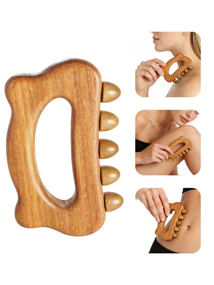 1pc Wooden Manual Massager With 5 Smooth Massage Beads, Muscle Relaxation, Meridian Massage Suitable For Chest, Back, Limbs, Head, Whole Body